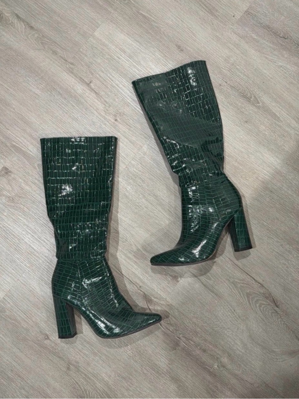Knee-High Croc-Embossed High Heel Boots in Dark Green